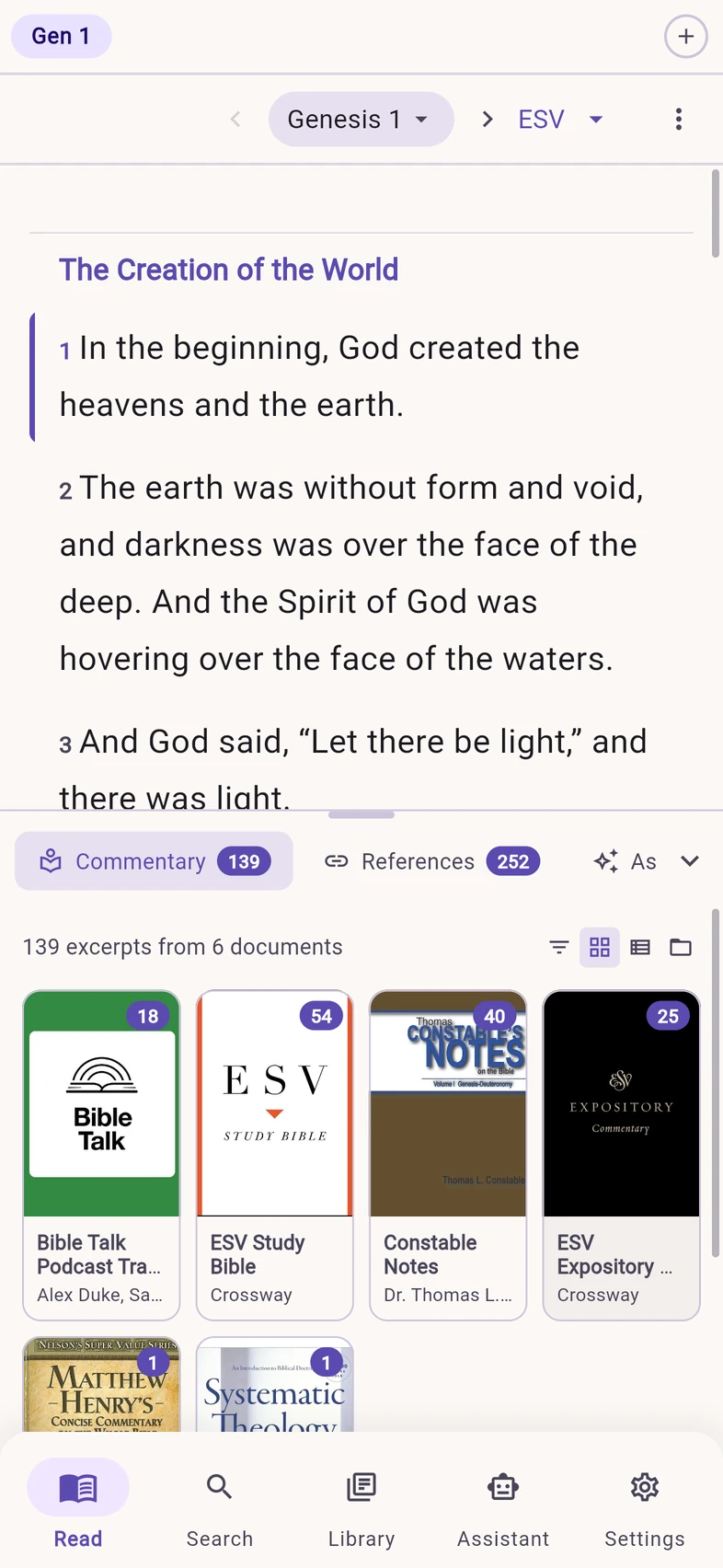 The BibleDock iOS app reading Genesis 1, with the study pane open: 139 commentary excerpts from 6 documents, shown as book covers from the user&rsquo;s own library.